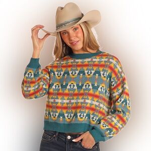 Rock & Roll Denim Turquoise Multi Color Aztec  Cropped Sweater Size Medium NWT